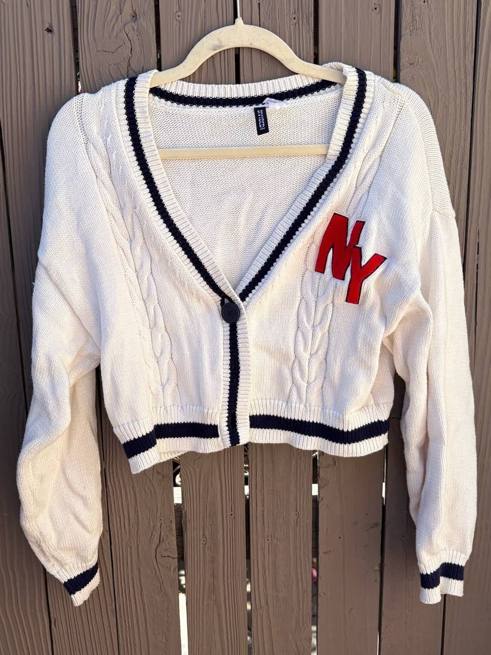 H&M Cream Cropped Cable Knit Cardigan with Navy Trim and Red NY Patch